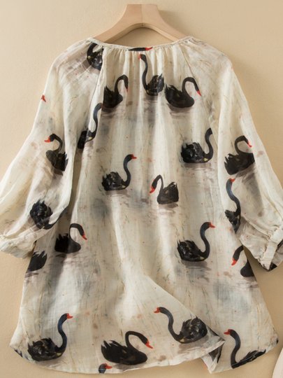 Летняя новинка: тонкая рубашка с рукавом до локтя, принтом лебедя, V-образным вырезом, из хлопка и льна, свободного кроя, для женщин.