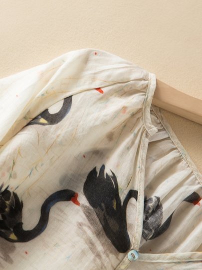 Летняя новинка: тонкая рубашка с рукавом до локтя, принтом лебедя, V-образным вырезом, из хлопка и льна, свободного кроя, для женщин.