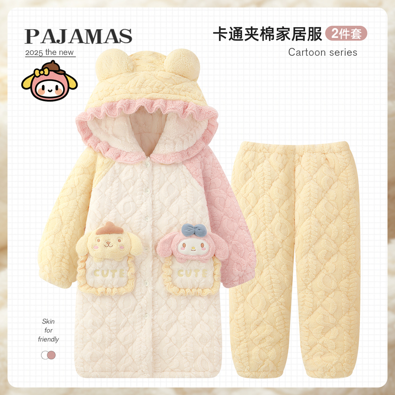 Three-Layer Quilted Cotton Robe for Women, Winter Warm and Thickened Cartoon Pudding Dog Pajamas, Winter Loungewear That Can Be Worn Outside as Home Wear Three-Layer Quilted Cotton Robe for Women, Winter Warm and Thickened Cartoon Pudding Dog Pajamas, Winter Loungewear That Can Be Worn Outside as Home Wear