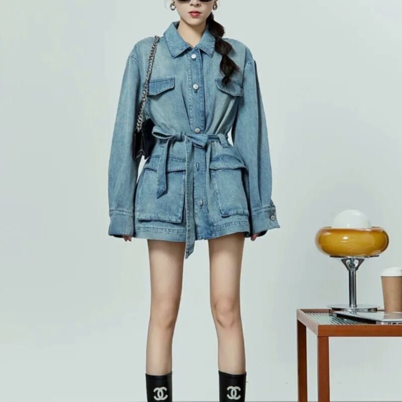 New Retro Denim Trench Coat for Spring, Autumn, and Winter with Detachable Belt, Long Sleeves, Original Design, Fashionable and Slimming Jacket