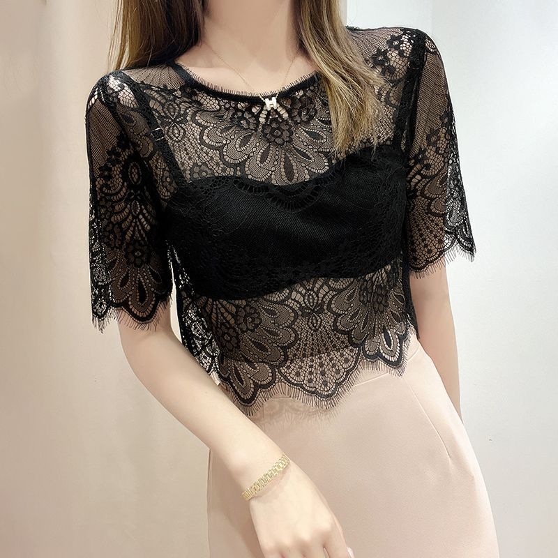Black Lace Base Shirt for Women, Hollow-Out Short-Sleeve T-Shirt, Mesh Top, Slip Dress, Outer Cover-Up, Sheer Blouse for Summer