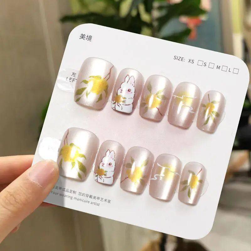 Handmade Children's Nail Art Wearable Short-Style Laurel Rabbit Cat Eye Fake Nail Stickers for Girls, 2026 New Model Handmade Children's Nail Art Wearable Short-Style Laurel Rabbit Cat Eye Fake Nail Stickers for Girls, 2026 New Model