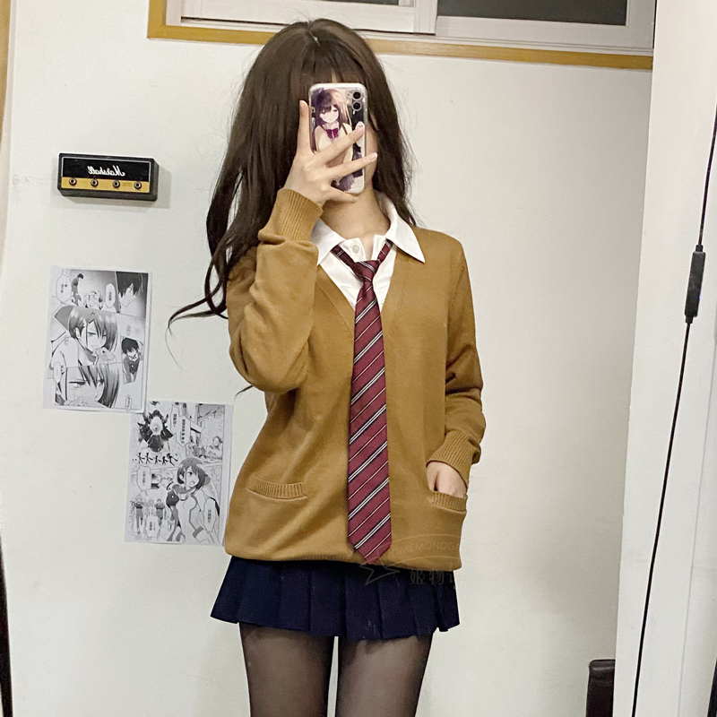 Ji Wuyu Solid Color Single-Breasted Long-Sleeve V-Neck Casual Preppy Style Jk Cardigan Sweater with Japanese Vibe