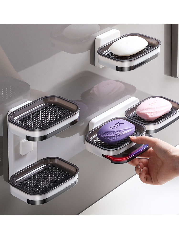Soap box sucker wall-mounted creative drain rack home double-grid powder room double-layer bathroom free punch soap rack