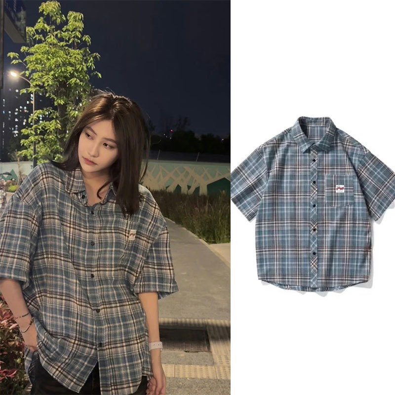 Snh48 Yuan Yiqi's Same Style American Retro Vibe Plaid Shirt Short-Sleeved 2024 New Shirt Jacket for Women