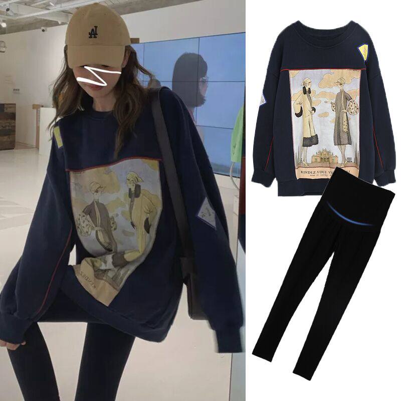 Pregnancy Woman Dress Spring Autumn Net Red Suit Go Out Fashion New Medium Long Veil and Dress Foreign Pie blouses Two sets of autumn clothes