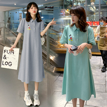 Pregnant Woman Summer Dress Dress Dress Fashion Short Sleeve Long length T-shirt dress Summer loose Big code Female dress A character dress outside of summer