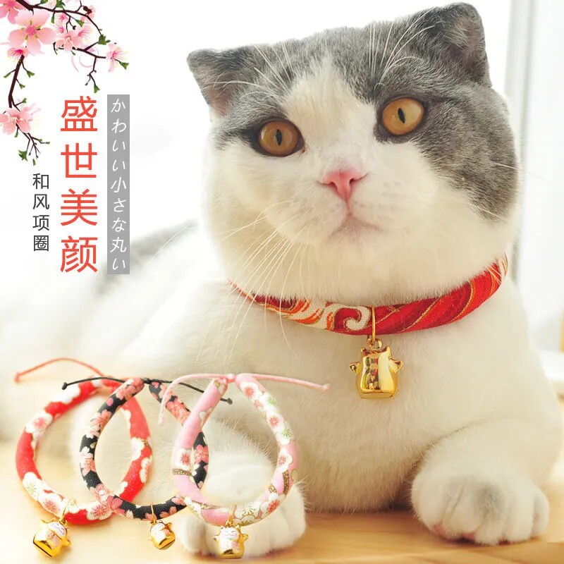 Cat and wind collar pet cat pet dog Japanese style and wind handmade bell collar neck collar pet jewelry