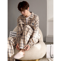 Mens Sleepwear Spring Autumn Season New Soft Comfort Cotton Long Sleeve Home Conserved Mens Autumn Winter Brief Checkered Big Code Suit