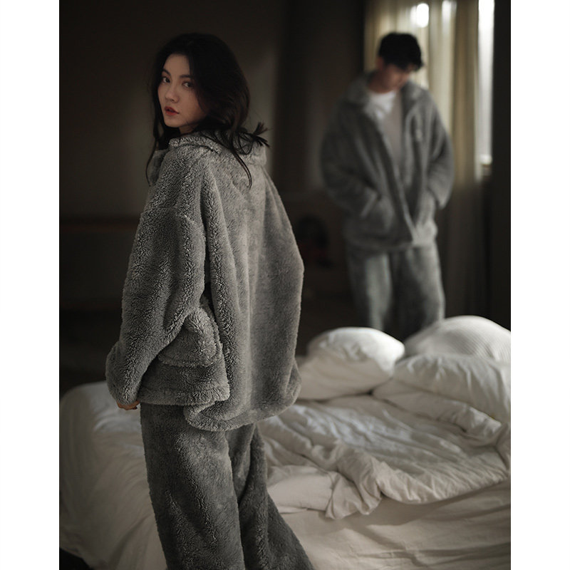 Couples pajamas women winter coral fleece warm plus plush home clothes men's flannel loose two-piece set