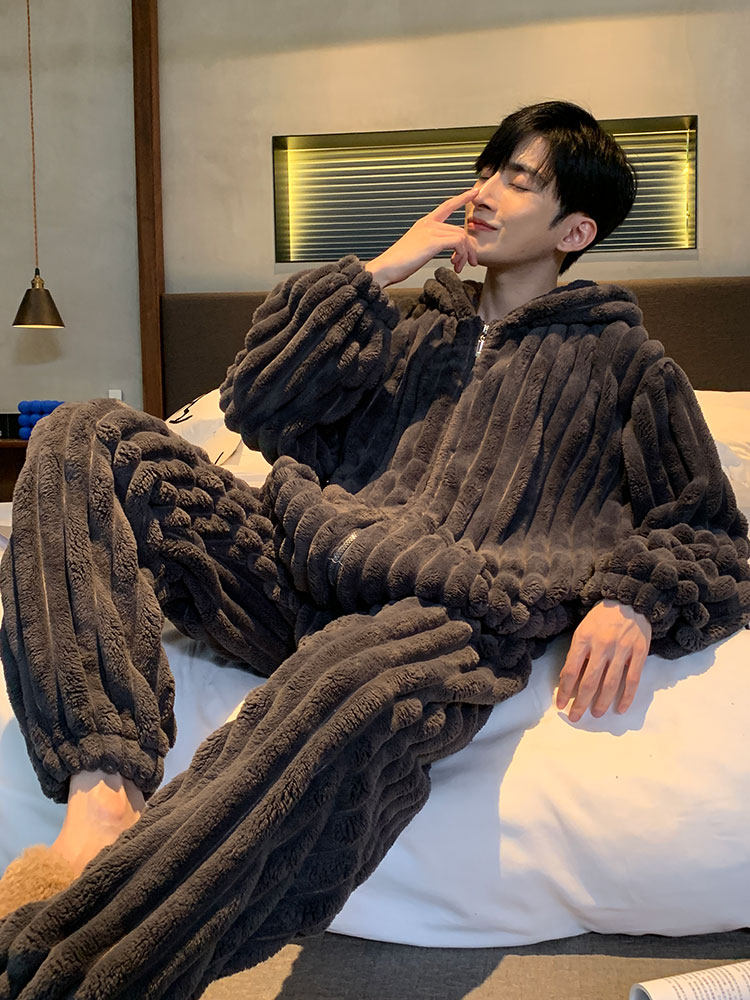 Men Sleeping Clothes Autumn Winter Coral Suede Thicken Garnter Winter Laced Flannel Suede Hat Youth Warm House Clothing