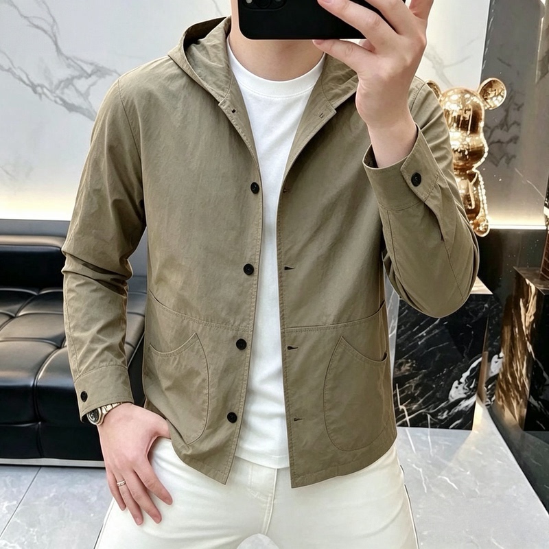 L Fashion Men's Spring and Autumn Textured Pocket Design Hooded Shirt Trendy Outdoor Casual Loose Top F02
