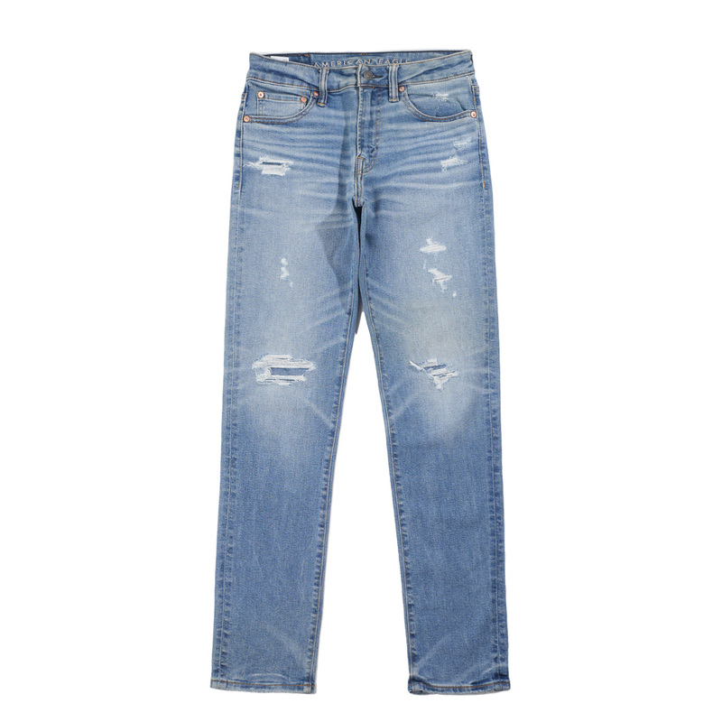 Aeo American Eagle Jeans Slim Straight-Leg Jeans Ripped Washed Blue Stretch Plus Size