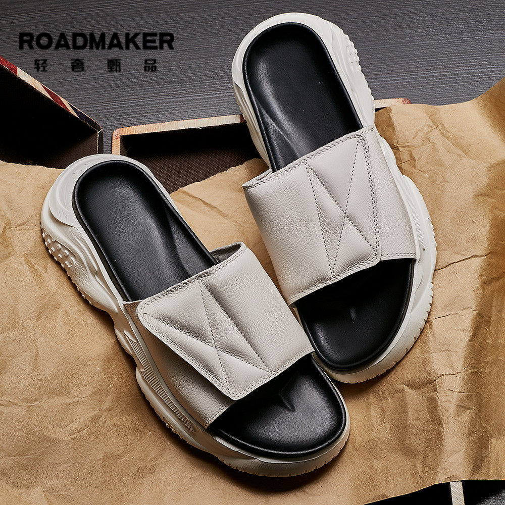 ROAD MAKER COCONUT SLIPPERS SUMMER MALE HEAD Bull Leather lined with outdoor cool drag genuine leather slippers male outwear