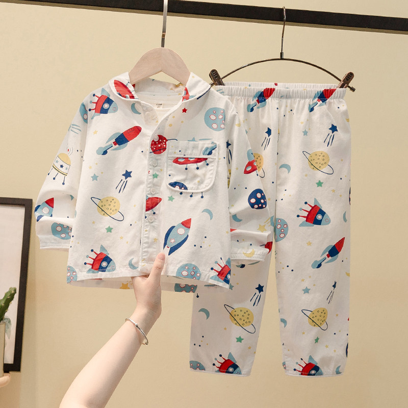 Hong Kong boys' home clothes early spring new baby spring and autumn pajamas thin section children's Western style long-sleeved suit air-conditioning clothing