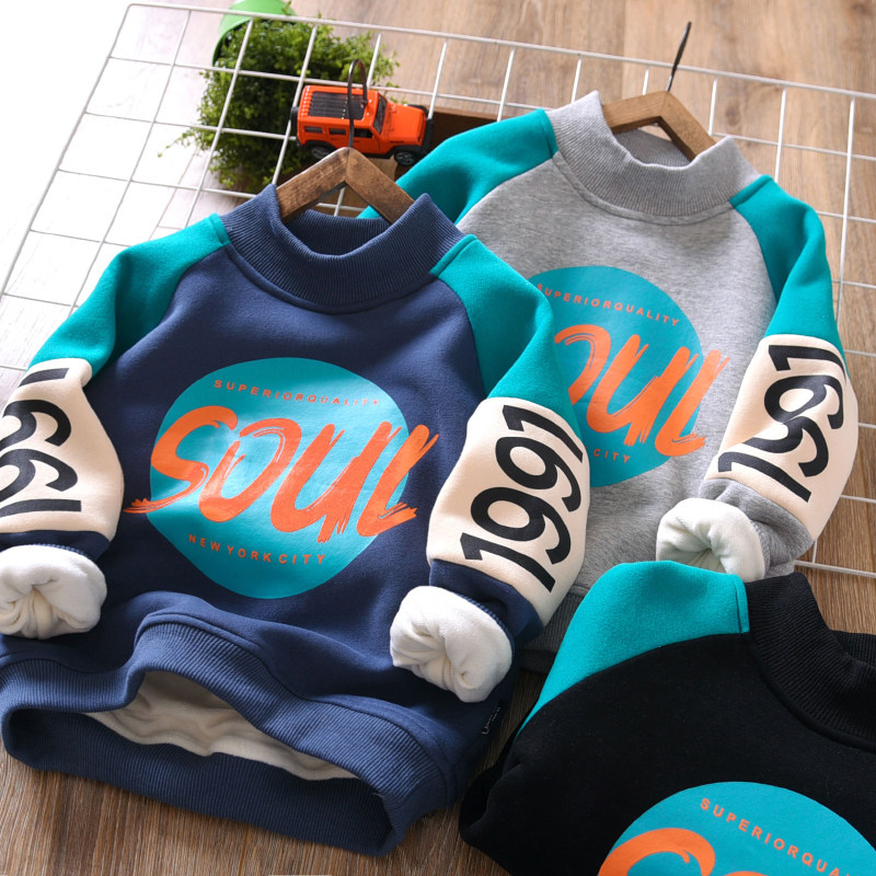 Hong Kong boy's sweater spring and autumn semi-high collar 2022 new color-block print middle-aged children's thickened children's suit bottoming shirt