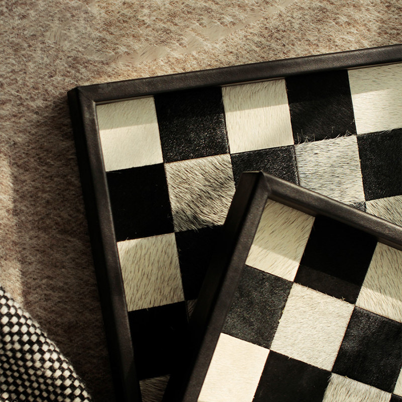 LD modern light luxury black and white checkerboard Mao stainless steel tray porch desktop middle ancient jewelry storage plate ornaments