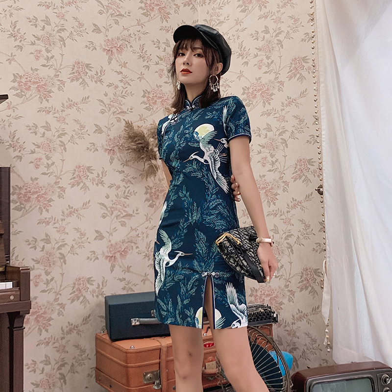 Emma Micro Daily Cải thiện Cheongsam ăn mặc 2019 Summer Trung Quốc Gió Vintage trẻ mới Cô gái Flaggown