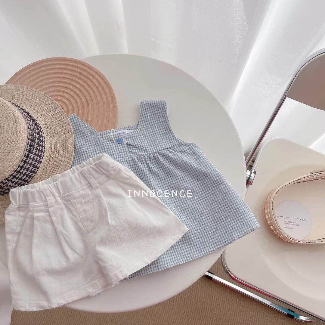 Girls summer clothes Korean version of the Western style sleeveless plaid children's thin section suit suspender top female baby shorts two-piece set