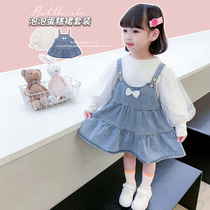 Girl Denim Harness Skirt Suit Spring Autumn 2022 New Trendy Ocean Butterfly Knot Nemesis Red Baby Two Sets