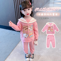 Girls Academy Wind Suit Spring Autumn 2022 New Baby Ocean Gas Net Red Autumn Clothing Children Cartoon Sweatshirt Two Sets