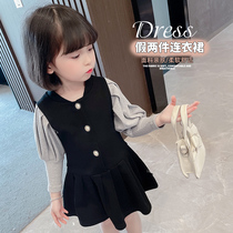 Girls Chunqiu College Wind Liandress 2022 Autumn Dress New Korean Version Little Girl Foreign Air Children Fake Two Dresses