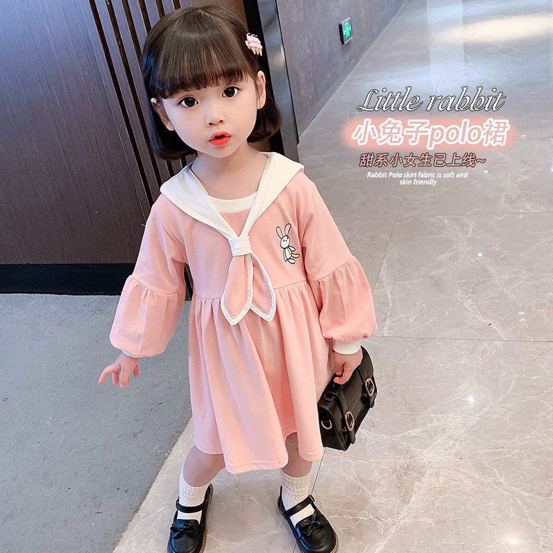 Girls navy collar dress autumn 2022 spring and autumn children's college style skirt baby princess dress foreign style long sleeves