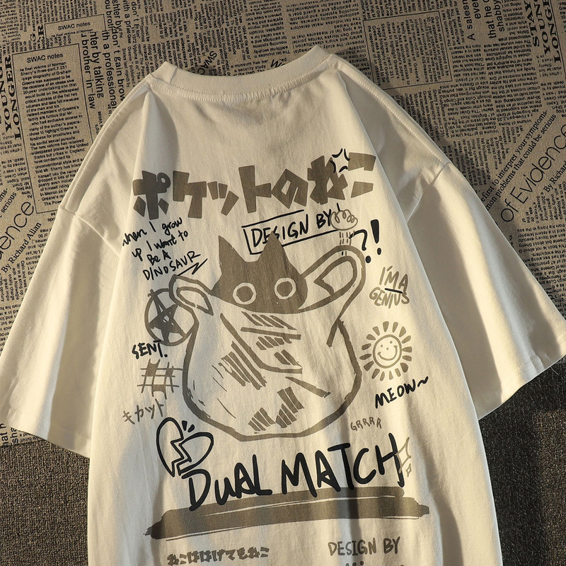 Vintage Japanese Retro Cartoon Pure Cotton Short-Sleeve T-Shirt for Women, Summer Loose Fit ins Hong Kong Style Chic Top