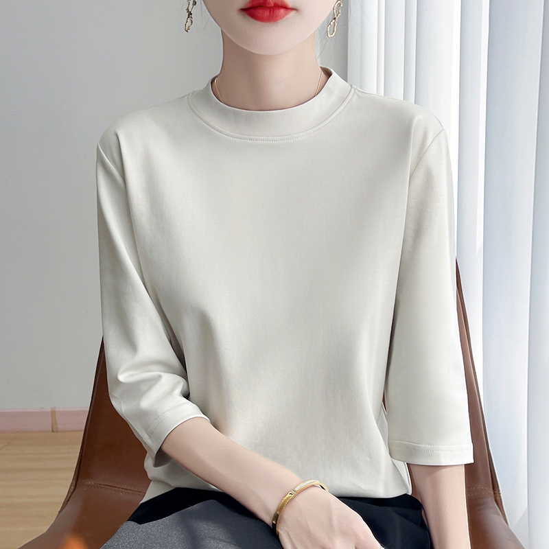 Half-High Collar 100% Pure Cotton Three-Quarter Sleeve T-Shirt for Women, Loose Fit, Plus Size, Straight Top, 2026 Spring/Summer, All-Cotton Base Shirt