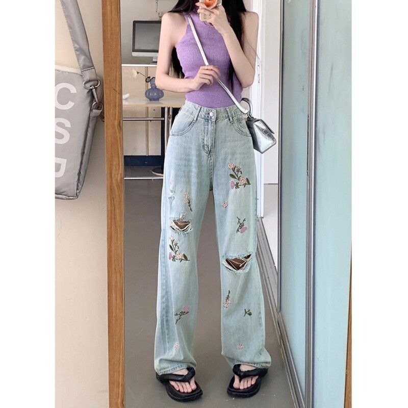 Light Blue Ripped Jeans with Embroidered Flowers, Thin Material, Loose Fit, Slimming Wide-Leg Pants, New Chinese Style High-Waisted Slimming Long Pants Light Blue Ripped Jeans with Embroidered Flowers, Thin Material, Loose Fit, Slimming Wide-Leg Pants, New Chinese Style High-Waisted Slimming Long Pants