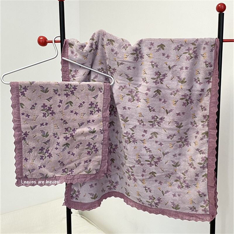 ins Wind Purple Floral Lace Trim High-Quality Bath Towel Set, Long Large Size, Highly Absorbent, Quick-Drying, Lint-Free