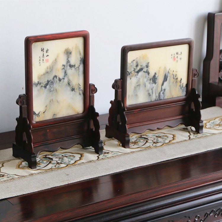 Laos Red Rosewood Folding Screen, Antique Rosewood Ink Screen, Solid Wood Classical Screen, Vintage Natural Stone Painting Screen