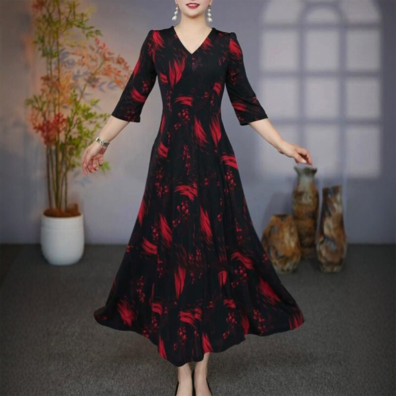 Elegant and Flowy Dress, New Spring/Summer Style, Elegant V-Neck, Slimming, High-End Long Dress, Fashionable and Age-Reducing Long Dress