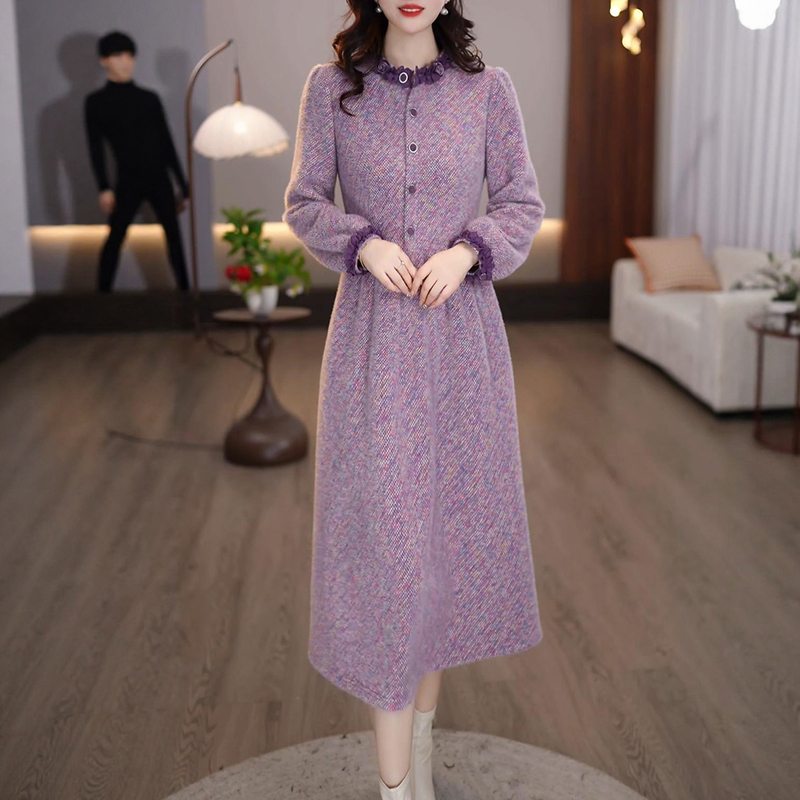 Autumn Long-Sleeved Purple Slimming Dress C Fashionable and Exquisite Lace Collar Mid-Length Waist-Cinching Retro Dress for Women