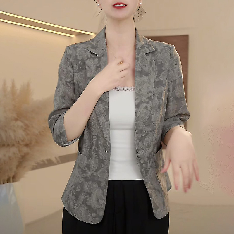 Suit Collar Jacket 2025 Summer Thin Style Fashionable Retro Print Casual Versatile Slimming Cardigan Top