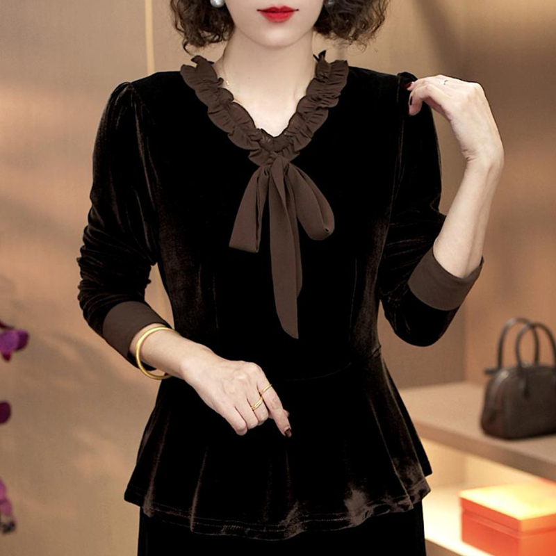 Trendy Autumn Lace-Up Vintage Pullover Blouse C, Fashionable Long-Sleeve Waist-Cinching Design, Patchwork Long-Sleeve Simple Top Trendy Autumn Lace-Up Vintage Pullover Blouse C, Fashionable Long-Sleeve Waist-Cinching Design, Patchwork Long-Sleeve Simple Top