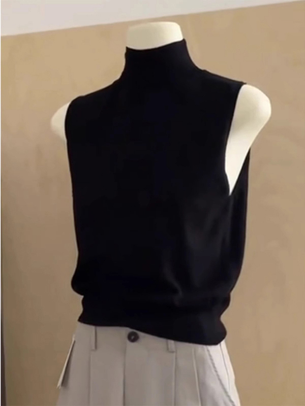 French Retro Layered Black Turtleneck Sleeveless Vest Knitted Sweater Vest for Women New Early Autumn Sweater Base Layer