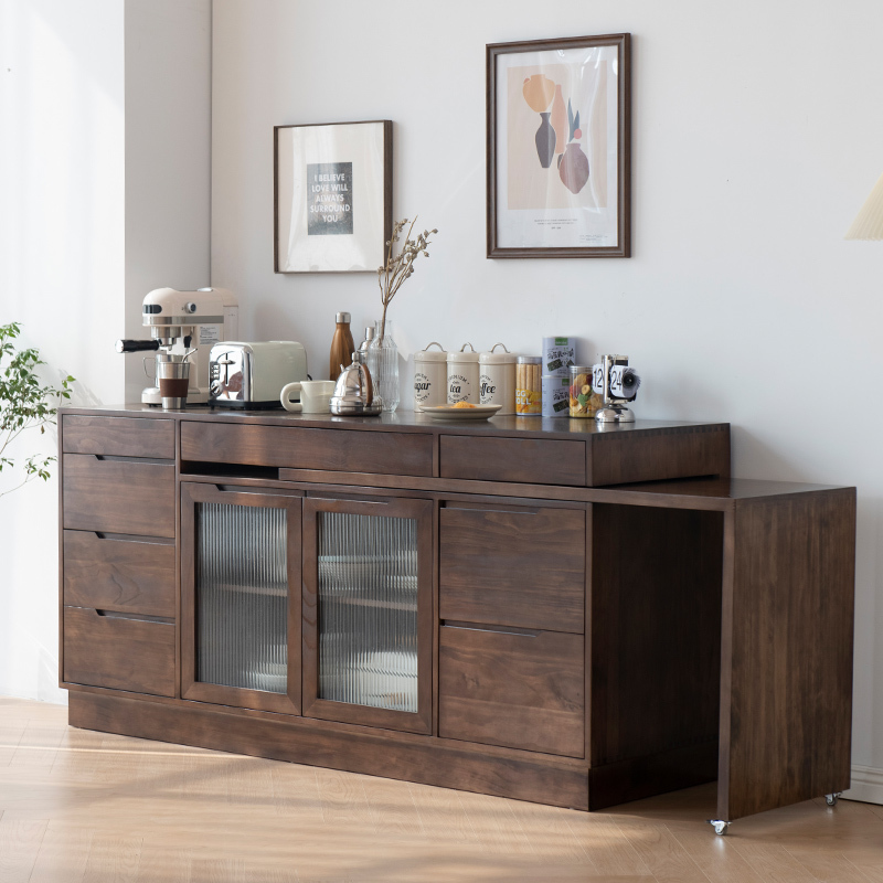 Nordic Solid Wood Sideboard Dining Table Integrated Retractable Dining Room Cabinet Wine Cabinet Foldable Rotatable Combination Dining Table Cabinet