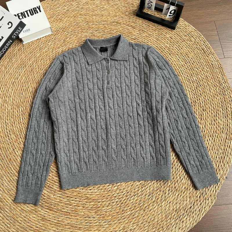 Gray Cable-Knit Polo Collar Sweater, Short Boxy Style, Lazy Old Money Style, Versatile Long-Sleeve Knit Top for Men Gray Cable-Knit Polo Collar Sweater, Short Boxy Style, Lazy Old Money Style, Versatile Long-Sleeve Knit Top for Men
