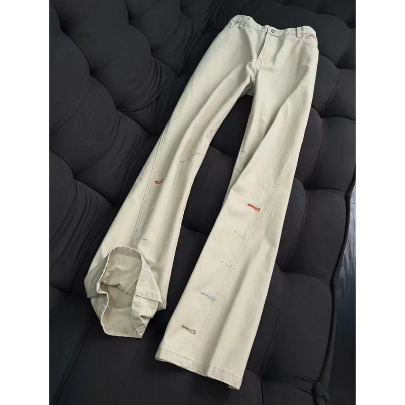 Vintage Washed Pure Cotton Diagonal-Cut Jeans with Colorful Embroidered Buttonholes for Men, Autumn and Winter Trendy Straight-Leg Flared Work Pants