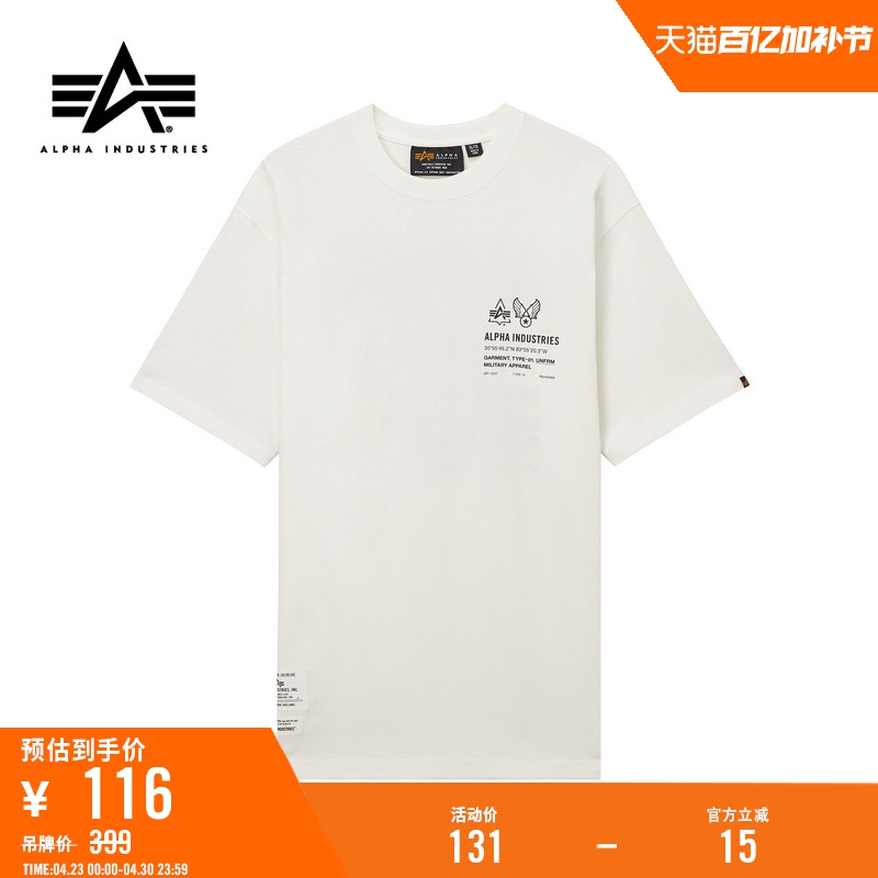 Alpha Industries Men's American-Style Short-Sleeved T-Shirt with Letters on the Back, New Summer Style for Couples, Alpha