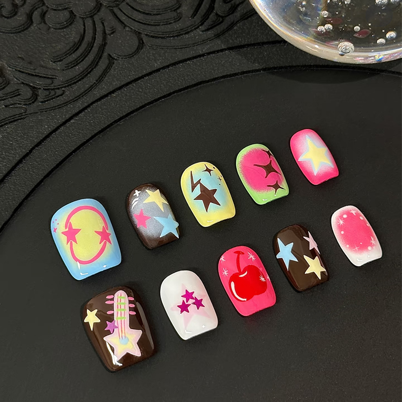 Summer Dopamine Handmade Wearable Nails Y2K Star Style Hot Girl Instagram-Enhancing White Nails Short Detachable Nail Art Finished Product Summer Dopamine Handmade Wearable Nails Y2K Star Style Hot Girl Instagram-Enhancing White Nails Short Detachable Nail Art Finished Product