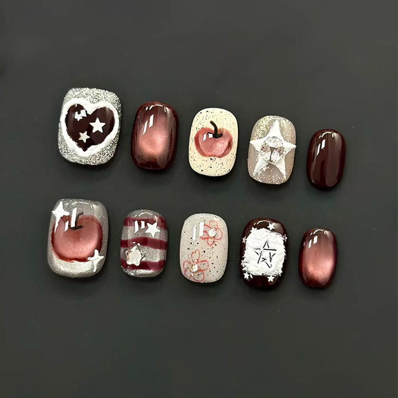 Wine-Stained Apple Autumn and Winter New Style Ins Cute White-Enhancing Short Nails Cat Eye Star Removable Nail Art Finished Product Bean Nails Wine-Stained Apple Autumn and Winter New Style Ins Cute White-Enhancing Short Nails Cat Eye Star Removable Nail Art Finished Product Bean Nails