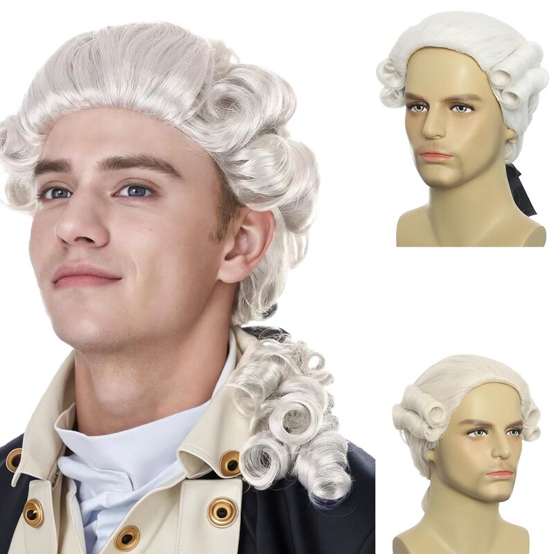 Colonial Wig Men's Long White Wig Washington Halloween Judge Lawyer Cosplay Wig