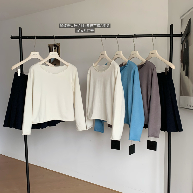 Babywool Private Label Rolled Edge Boat Neck Nine-Quarter Sleeve Knit Sweater Base Layer Top Babywool Private Label Rolled Edge Boat Neck Nine-Quarter Sleeve Knit Sweater Base Layer Top
