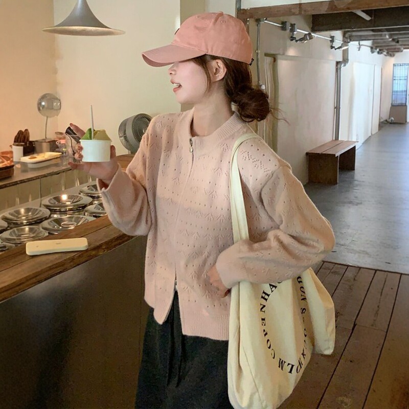 Pink Double-Zipper Design Sweater for Women, 2026 Autumn Gentle Style, Age-Reducing, Loose, Casual, Versatile Jacket