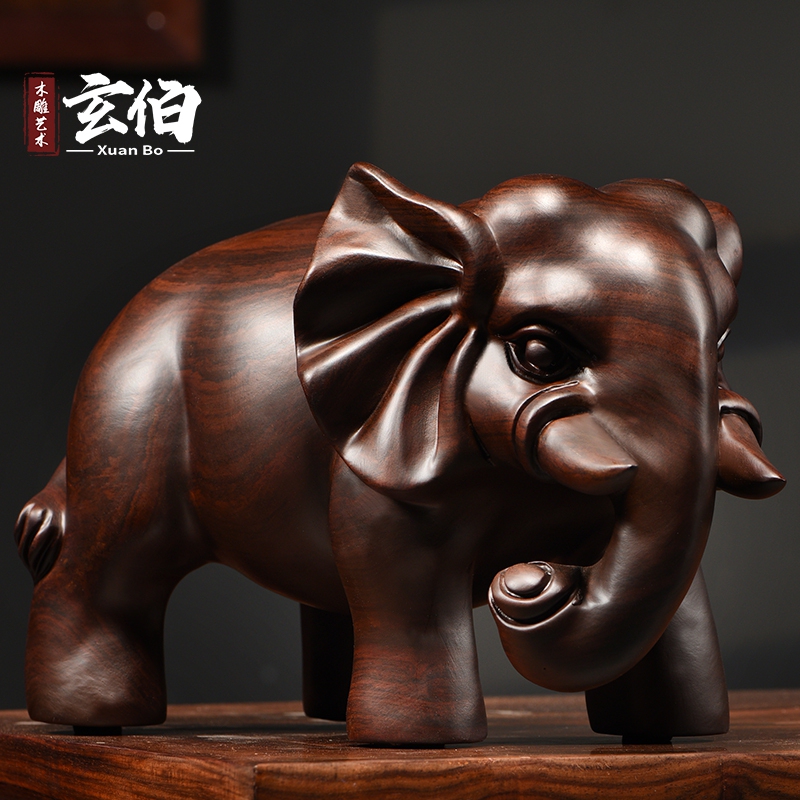 Ebony Wood Carved Elephant Ornaments, Solid Wood Pair of Wooden Elephants, Craft Gifts, Water-Absorbing Elephants, Wooden Home Living Room Decorations