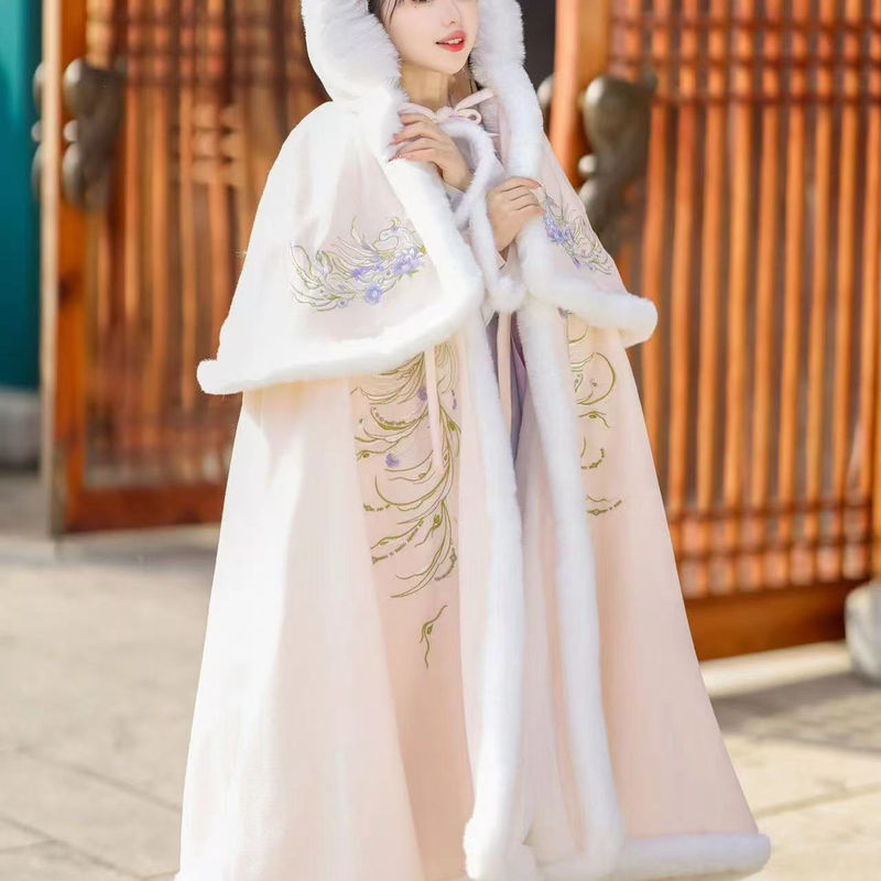 Original Hanfu Women's Cape Shawl, Hanfu Heavy Embroidery Cape, Fleece-Lined and Thickened for Warmth, Autumn and Winter, with Fur Collar