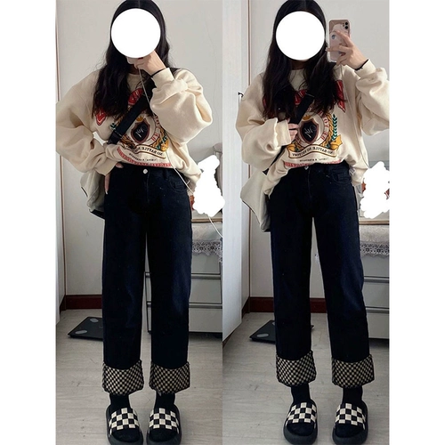 Прямые свободные джинсы, черные штаны, коллекция 2023, для формы тела «груша», большой размер, высокая талия