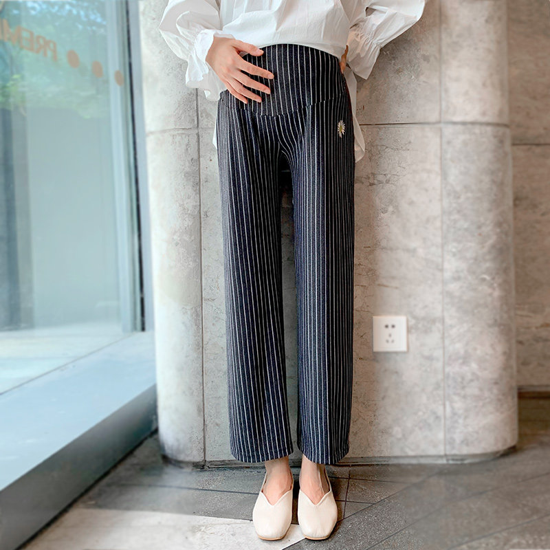Pregnant women belly pants spring and summer thin loose outer wear pants pants black striped casual pants wide leg pants